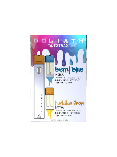 Extrax D8 Disposable Goliath POD - 2CT Starter Kit - includes Battery, and (1) Berry Blue (Indica) and (1) Hawaiian Snow (Sativa) PODS - 4000mg - 5 Count Display Box